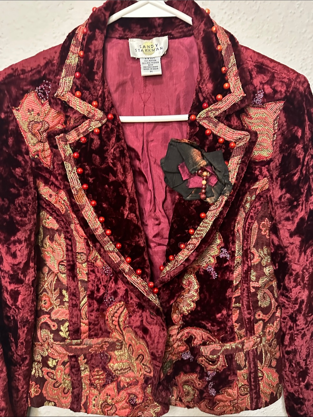 SANDY STARKMAN Burgundy Velvet Paisley Embellished Blazer - Picture 2 of 8